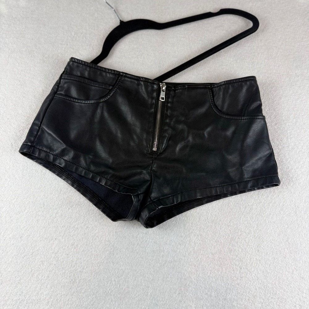 Edikted Black Faux Leather High Waisted Exposed Zipper Shorts XS Hot Pants